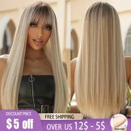 Perücken lange gerade Platinblonde Ombre synthetische Perücken mit Pony für Frauen Afro Cosplay Beige Perücken natürliche Haare täglich hitzebeständig