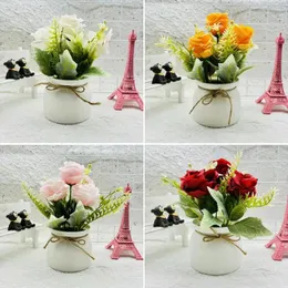 Decorative Flowers High Fake Succulents Scandinavian Style Potted Plant Set With Three Roses Small Turned Rimmed Pot Bonsai Simulation For