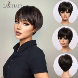 Perucas easihair curto preto reto marrom perucas com pixie corta bangs hightemperature fibra sintética Cosplay para mulheres