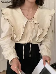 البلوزات النسائية Nomikuma chic spring spring contraving confly patchwork turn-terclar lace up puffbble cleve shirt for women