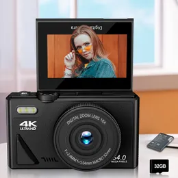 Câmera digital 4K para fotografia Câmera Vlogging de 64 MP com foco automático e cartão TF 32G Tela giratória de 3 polegadas de 180 ° Zoom digital 16X com flash, câmera digital compacta
