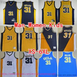 Классический ретро MitchellNess XS-6XL Basketball 31 ReggieMiller Jersey Классический винтажный трикотаж с вышитыми желтыми, синими и белыми полосками Дышащая спортивная рубашка