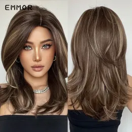 Wigs Emmor Synthetic Women's Long Wavy Wigs Brown with Blonde Wigs Natural Wavy Heat Resistant Wig for Women Party Fashion Wigs