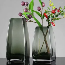 花瓶クリエイティブスモーキーグレースクエアガラス花瓶リビングルームフラワーアレンジライトラグジュアリーモダンホームデコレーション