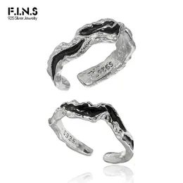 FINS Original Irregular Black Enamel S925 Sterling Silver Ring Retro Old Uneven Open Adjustable Fashion Fine Finger Jewelry 240401