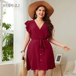 Keby ZJ Plus Size Womens Kleider Sommer Chiffon Deep V Sexy Red Mini Short Dress Urban Office Elegant Casual 240402