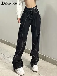 Calças de brim femininas gótico preto perna larga com cinto mulheres escuras calças jeans acadêmicas hip hop streetwear grunge punk calças