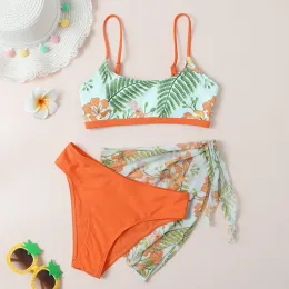 Conjunto de estampa de planta floral 3pack garotas de banho de maiô com malha capa da saia de praia 714 anos