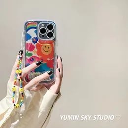 YUMIN SKY Graffiti Rainbow Flower Smiling Face iPhone 15 Pro Max Apple 14 Pro Flowing Sand Phone Case 11 Cartoon Plus Bracelet 13 Women 12 Promax Anti Drop Soft Case