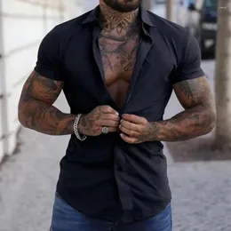 Camisas casuais masculinas homens verão camisa fina elegante ajuste fino com colarinho turn-down mangas curtas design single-breasted para formal