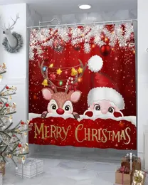 シャワーカーテン面白い漫画エルクサンタクロースカーテンレッドクリスマスボールモミブランチ年クリスマスバスファブリックバスルームの装飾