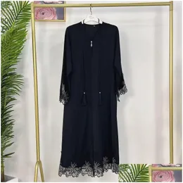 Abbigliamento etnico Kimono manica pizzo ricamo cardigan abito cerniera aperta Abaya caftano Jilbab abito donna musulmano islamico outwear Eid Dro Dhxf7