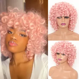 Perucas curtas perucas cacheadas soltas para mulheres saltitizadas sintéticas naturais de cabelos de cosplay com franja rosa gengibre marrom afro peruca curly