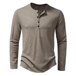 Mens Cotton Button Henley neck Shirt Long Sleeve Casual Solid color Fashion TShirts 240321