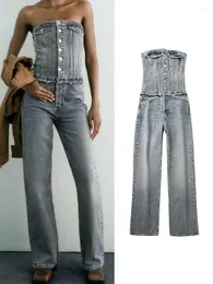 Kvinnors jumpsuits off axelblå jean kvinna jumpsuit sommar denim kvinnor ruched långa overall streetwear rygglösa