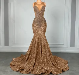 2024 Sparkly Brown Diamond Long Prom Dress para Black Girl Luxo Beads Strass Gold Lantejoulas Sereia Mulheres Noite Vestidos de Festa de Aniversário Robe De Soiree