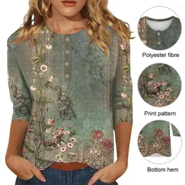 Kvinnors blusar Spring Autumn Shirt Vintage Floral Button-Up For Women Colorfast Soft Breattable Three Quarter Sleeve Tops Lady T-shirt