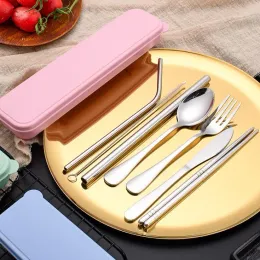 New Stainless Steel Flatware Set Portable Cutlery Set For Outdoor Travel Picnic Dinnerware Set Metal Straw With Box And Bag Kitchen Utensil