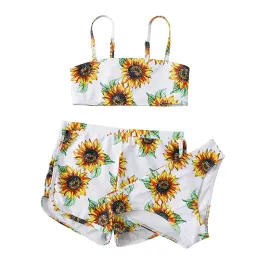 Set Kids Girl's 3 -Place Swimsuits Sun Flower Bikini Sets 2022 Mała duża dziewczyna Kąpiec z szortami 814 lata dzieciom stroje kąpielowe