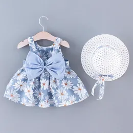 Set aus ärmellosem Gänseblümchen-Print, großer Schleife, Strandkleid und Hut für 2 Babys für Kinder-Sommerkleidung 240402
