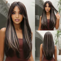 Wigs easihair Long Strawh Brown Hight Blonde Synthetic Wigs с челками для чернокожих женщин ежедневная вечеринка натуральная теплостойкость к волокну