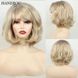 가발 Hanerou Short Synthetic Wig Wavy Natural Blonde Ombre Party Daily Cosplay를위한 머리카락 내열 가발