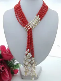 ペンダントネックレス51 "3Strds Keshi Pearl Coral Necklace