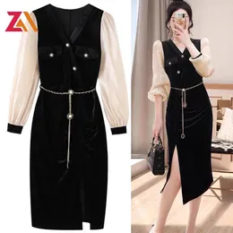 Abiti casual ZALady Autunno Vintage Velluto Scollo a V Midi Donna Zevity Aderente Slim Split Fork Nero Elegante Abito da festa Veste