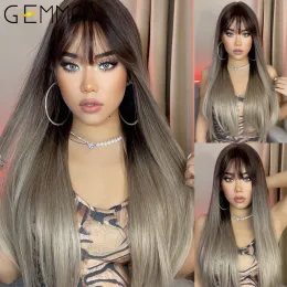 Wigs GEMMA Long Straight Synthetic Wigs Ombre Brown Gray Wig with Bangs for Women Cosplay Lolita Daily Party Heat Resistant Fiber