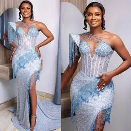 2024 Plus Size Aso Ebi Ballkleider für besondere Anlässe IllusionEvening Kleider Elegante Side Split Perlen Quaste Geburtstag Party Kleid Kleider für schwarze Frauen AM539