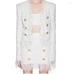 Women's Jackets HIGH QUALITY Est 2024 Fall Winter Designer Jacket Lion Buttons Tassel Tweed Fringed Coat