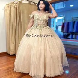 Princess Chamgane Quinceanera Dress 2024 2 w 1 Krótkie Vestidos de 15 XV Anos Off ramiona koronkowe 3D Florals Birth Birthday Gowns Sukienka z baldówek Eleganckie szaty