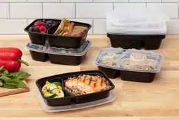 Take Out Containers 28 Oz 2-Compartment Rectangular Black Container With Clear Lid 50 Pack - Re-usable Microwave Freezer And Dishwasher Safe
