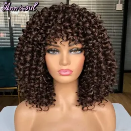 Peruker 14 tum kort hår afro kinky lockiga peruker med lugg för svarta vita kvinnor ombre glueless naturliga lockiga bob peruk hög temperatur
