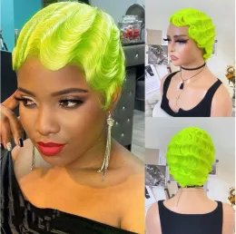 Peruker wigera fluorescerande grön fingervåg peruk syntetisk färg korta lockiga peruker för kvinnor nuna 1920 -tal cosplay halloween fest daglig användning
