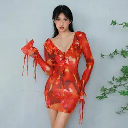 Casual Dresses Women Ruffle Summer Mini Dress Vintage Tie-dye Print Long Sleeve Bodycon Deep V Neck Tie Front Beach Party Sundress