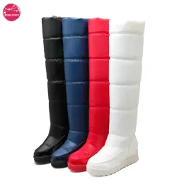 Boots femininos sobre o joelho de inverno alto quente botas de neve de pelúcia lolita botas longas solteiras grossas de plataforma impermeável à prova d'água