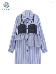 Casual Dresses French Elegance One-Piece Frocks Ruched Women Thin Fashion Blue Striped Shirt Dress Kpop Polo 2000s Aesthetic Streetwear