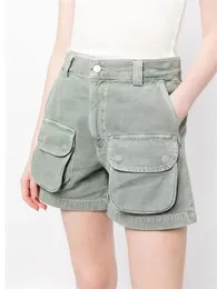 Damenjeans im Safari-Stil, Denim-Shorts, Pattentaschen, hohe Taille, Damen, einfarbig, kurz, Sommer 2024