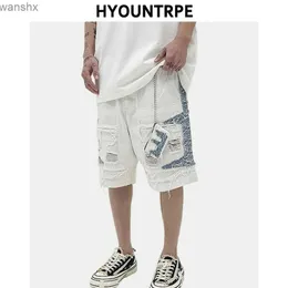 Men's Shorts Mens high street denim shorts casual and loose tear hole removal loose splicing work hip-hop street clothing short and slow runningL2404