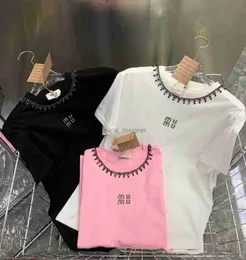 여성용 의류 편지 자수 구슬을위한 Miumiuss 여름 Tshirt o-Neck 짧은 슬리브 티셔츠 Femme Loose Casual Crop Top 100% Cotton Tee N-G3938