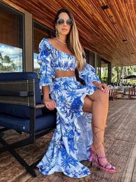 Vestidos de trabalho 2024 conjuntos de saia impressa elegante feminino manga longa curto topo moda chique mulher roupas praia férias vestido