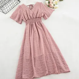 Women Summer VNeck Short Sleeve Pleated Chic Dress Lady Elastic Slim Waist Bandage Strap Chiffon Pullover Ruffles Midi 240321