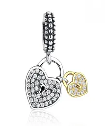 Micro Pave Crystal Gold Plated Heart Badlock Charm Pendants 925 Sterling Silver Dangle Charms Bead for European Women DIY BR4919275