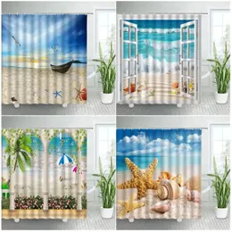 Shower Curtains Starfish Beach Conch Palm Tree Sea Waves Bath Curtain Window Ocean Landscape Polyester Cloth Chic Bathroom Decor