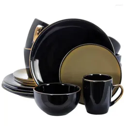 Dinnerware Sets Contraste Contemporâneo: Conjunto Solid Solid Black/Taupe de 16 peças