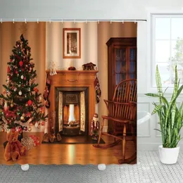 シャワーカーテンクリスマステーマカーテンセットツリー暖炉リビングルームの装飾年の家の生地バスルームフック付き