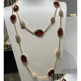 Naszyjniki wiszące kobiety Malachite kryształ woda spadek naszyjnik cyrkon gruszka rubin długie sweter podwójny łańcuch biżuterii