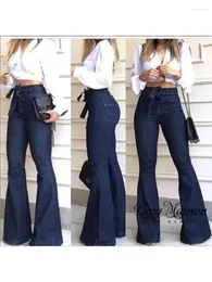 Jeans femininos moda casual rua cintura alta hip up renda flare calças largas alça de perna vestido longo