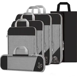6PCS圧縮パッキングキューブトラベルストレージオーガナイザー靴バッグ付きセットメッシュ視覚荷物ポータブル軽量スーツケースバッグ